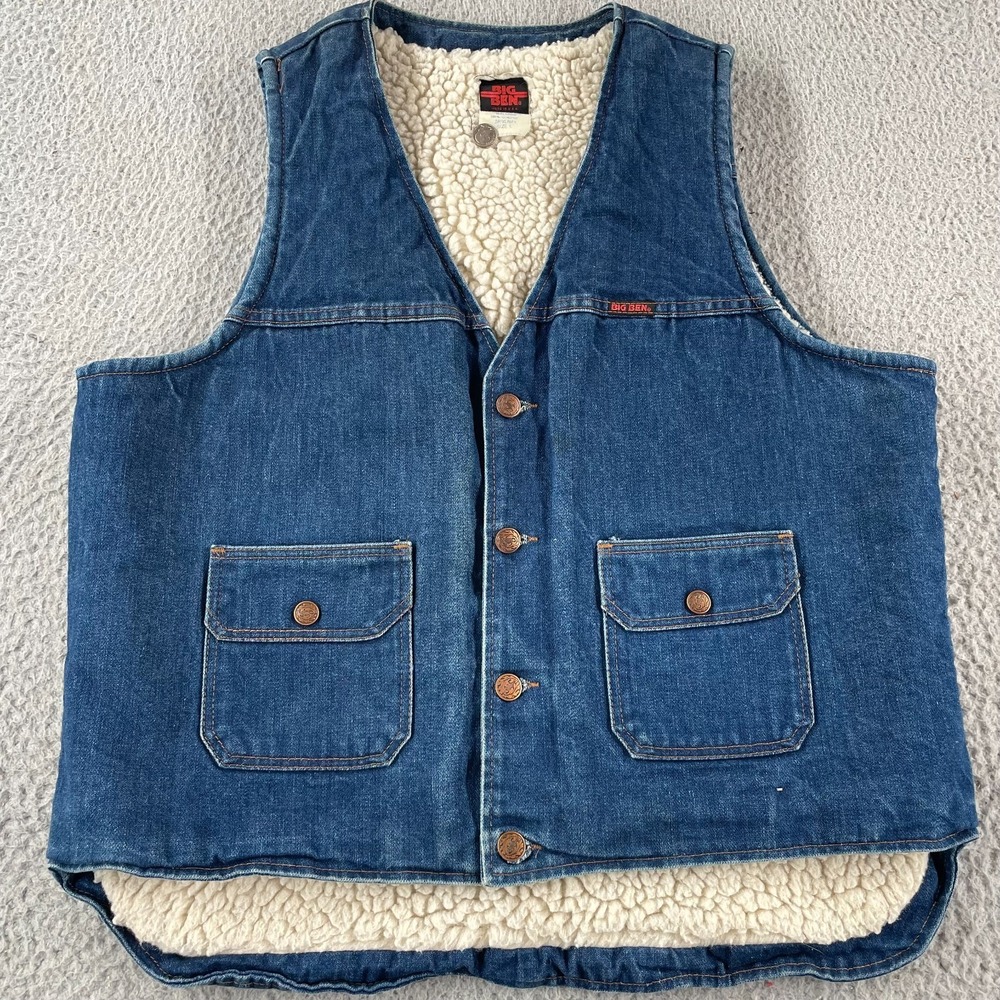 Vintage Big Ben Denim Vest Sherpa Lined Blue Jean‎ Vest Size Large Made In USA